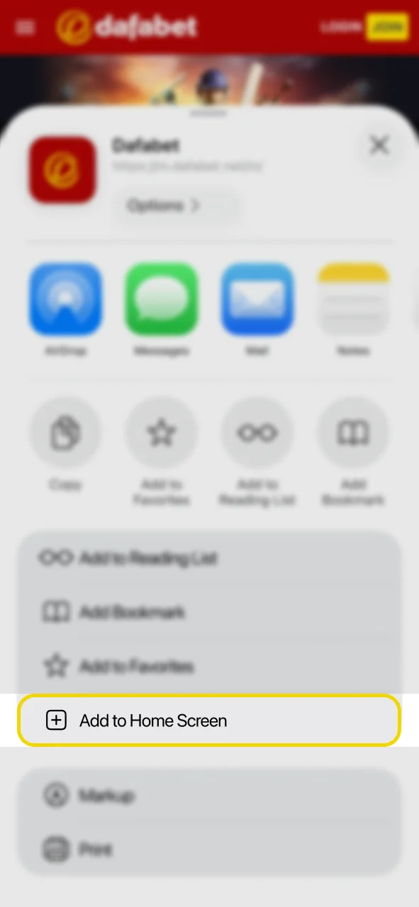 Click Share, then Add to Home Screen to get Dafabet app shortcut.