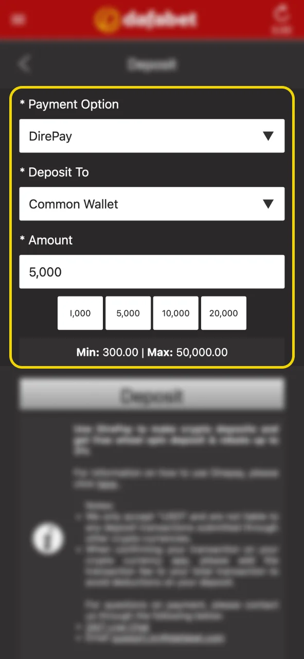 Choose your preferred Dafabet deposit method and enter the amount to add.