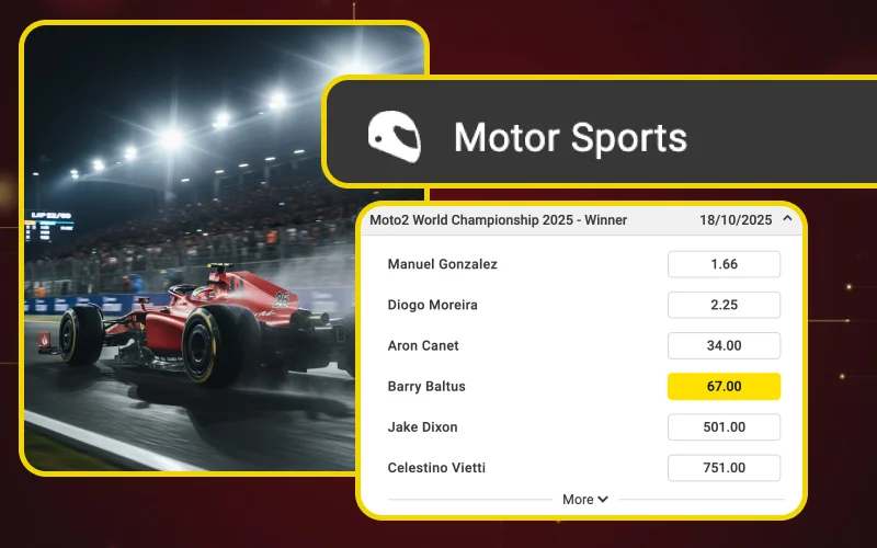 Bet on Motor Sports with Dafabet, including Formula 1 races and outrights.