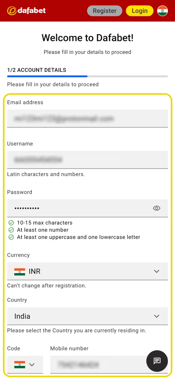Enter the required information to create your Dafabet account.
