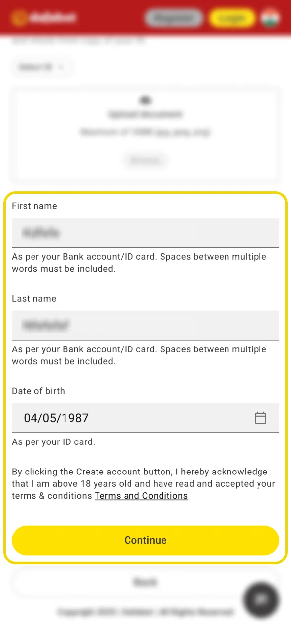 Confirm your Dafabet account after filling in personal details.
