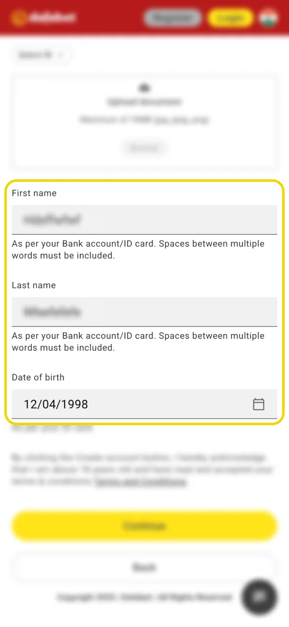 Input your full name and date of birth to proceed on Dafabet.