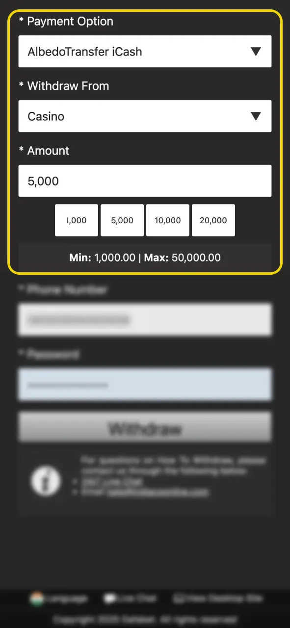 Select a payment method and enter the withdrawal amount on Dafabet.