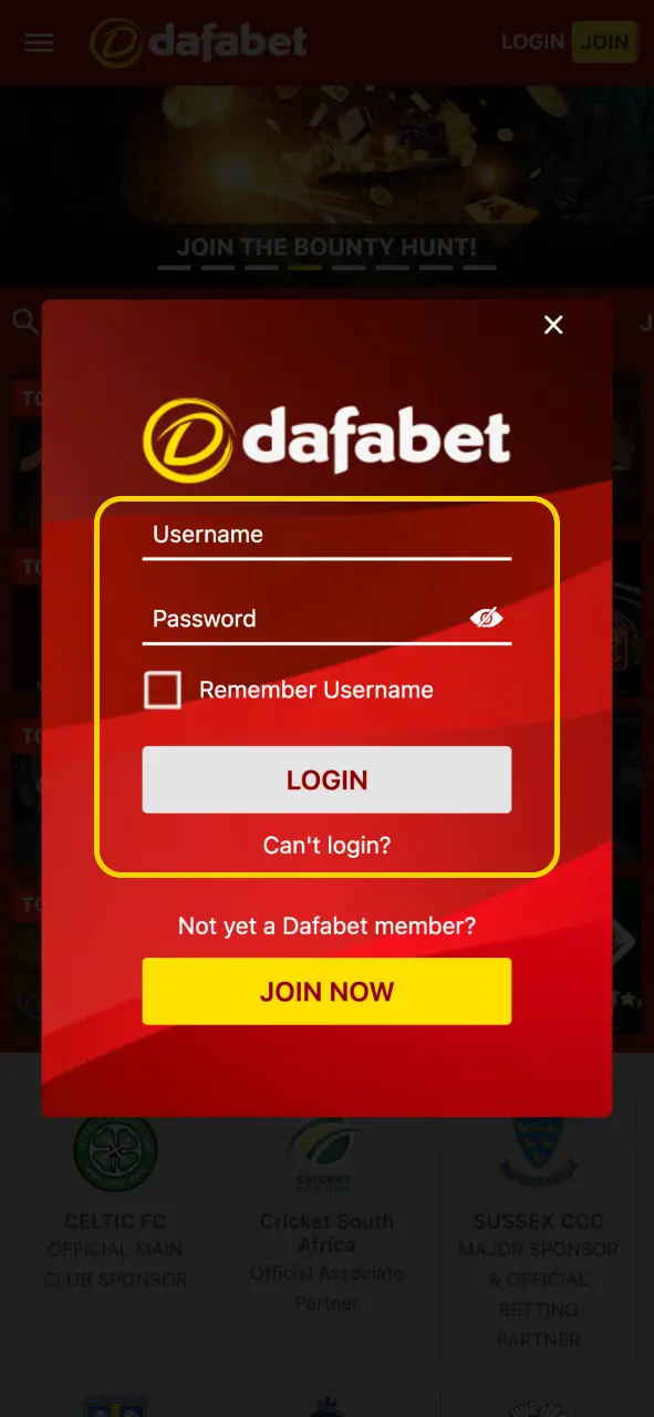 Log in to your Dafabet account and access payments in Cashier.