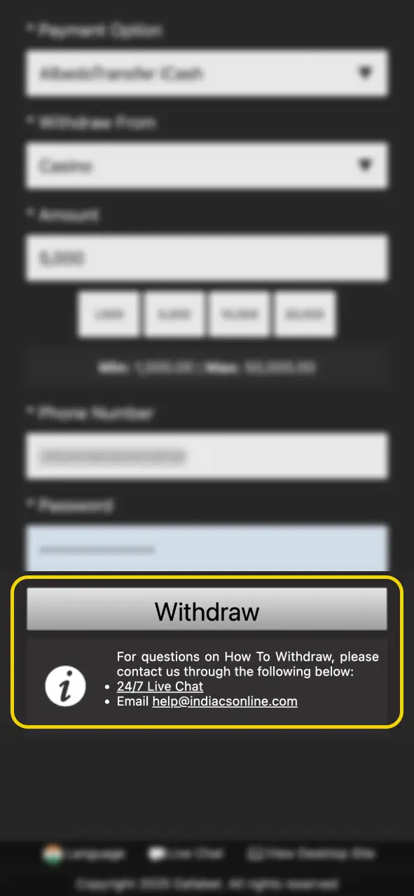 Confirm and submit your withdrawal, then monitor progress on Dafabet.
