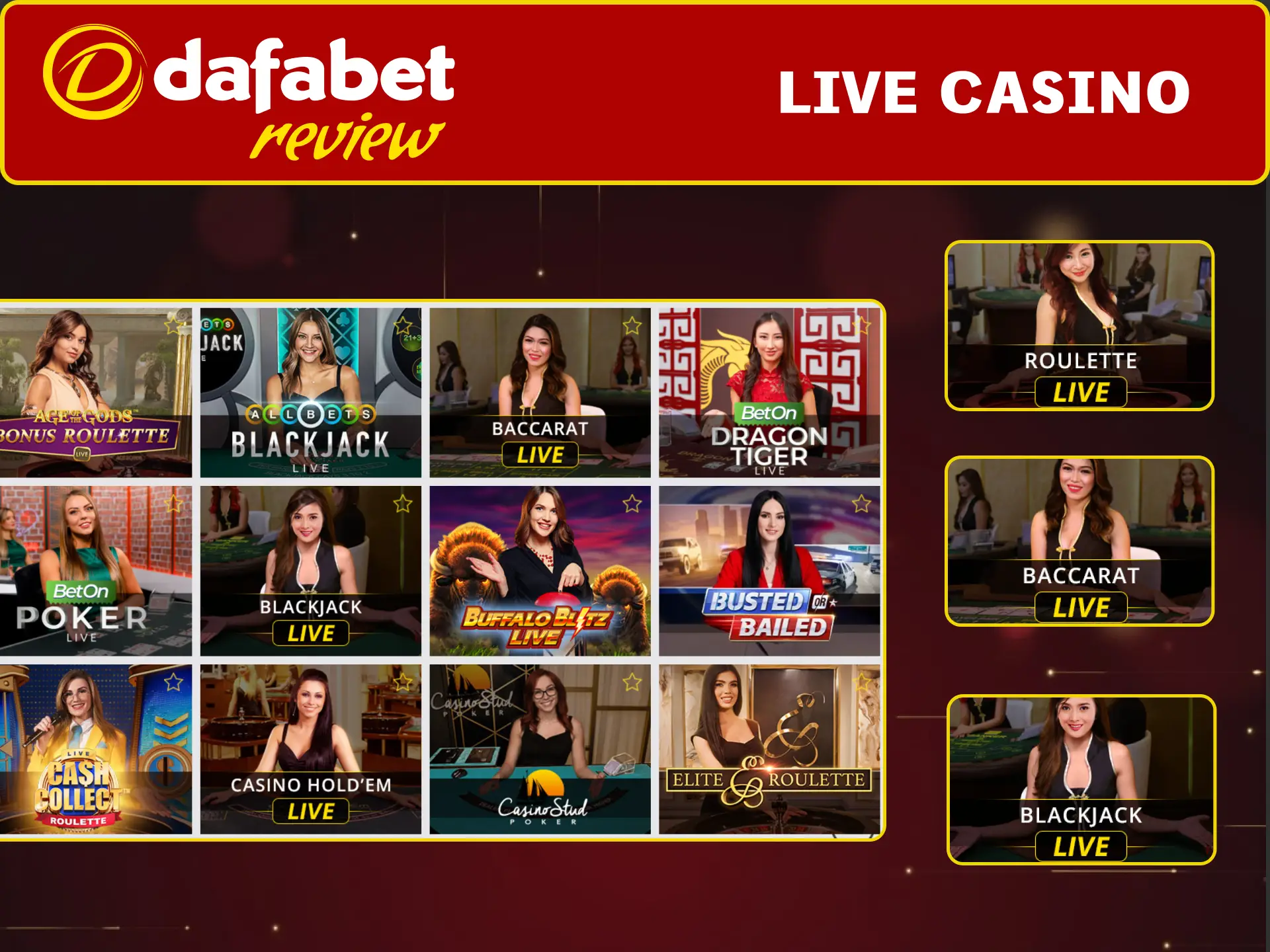Play live roulette and baccarat with real dealers on Dafabet.