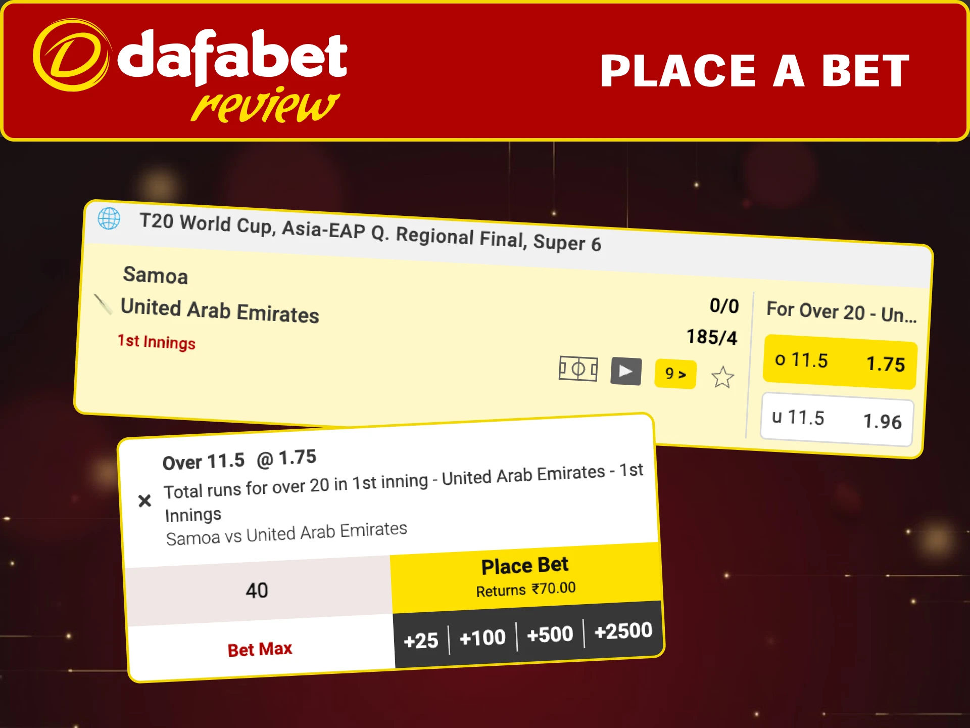 Pick odds, enter your stake, and place your cricket bet on Dafabet.
