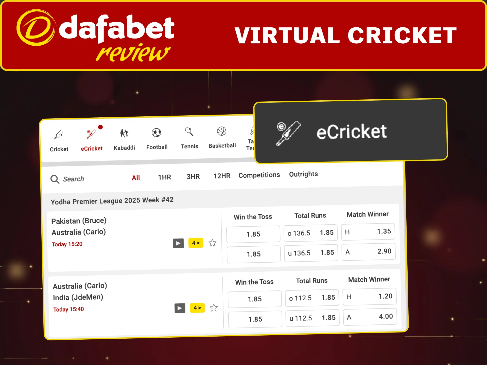 Play and bet on Dafabet virtual cricket powered by certified random results.