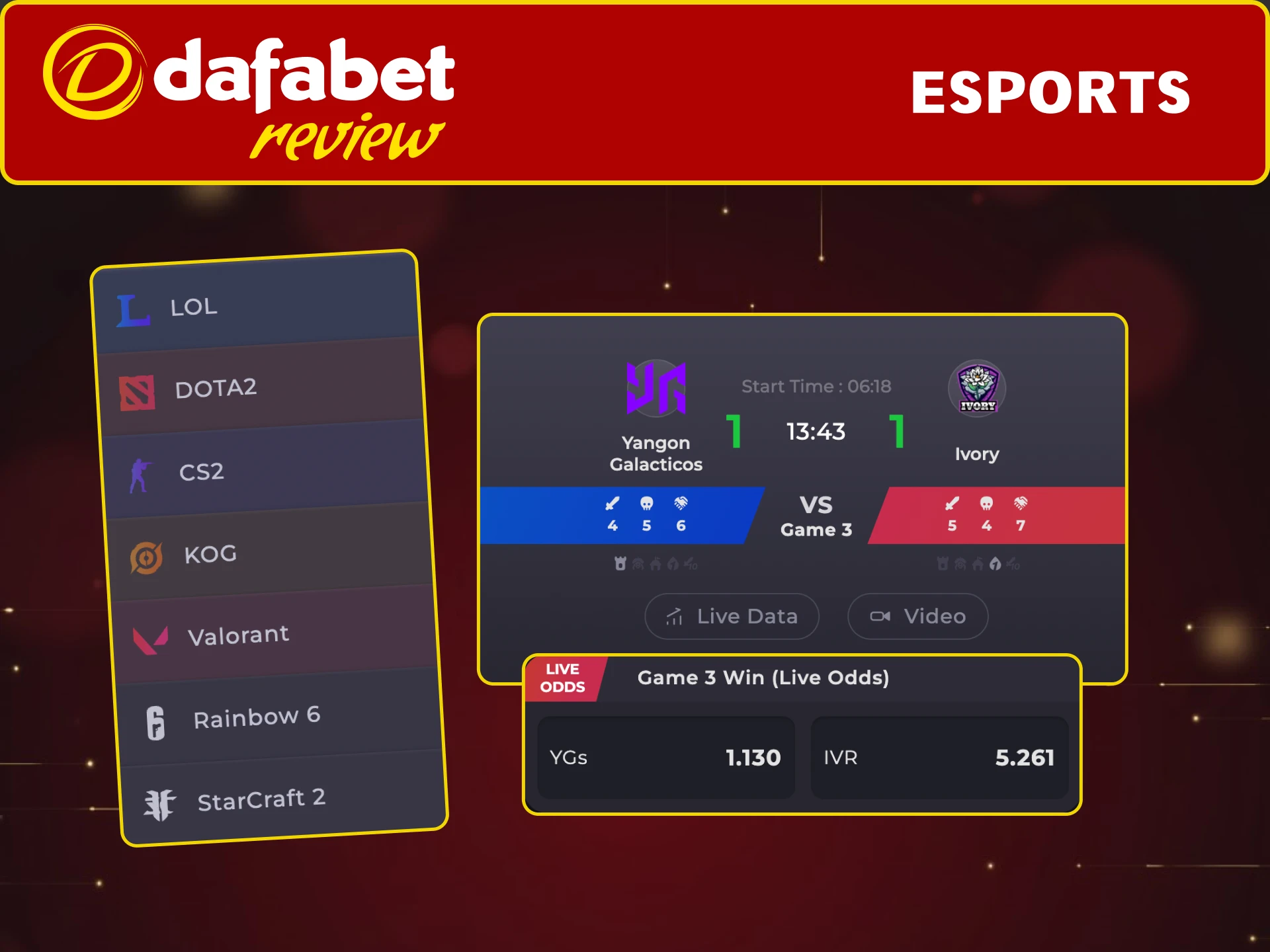 Bet on eSports with Dafabet on Dota 2, CS2, StarCraft, and LoL.
