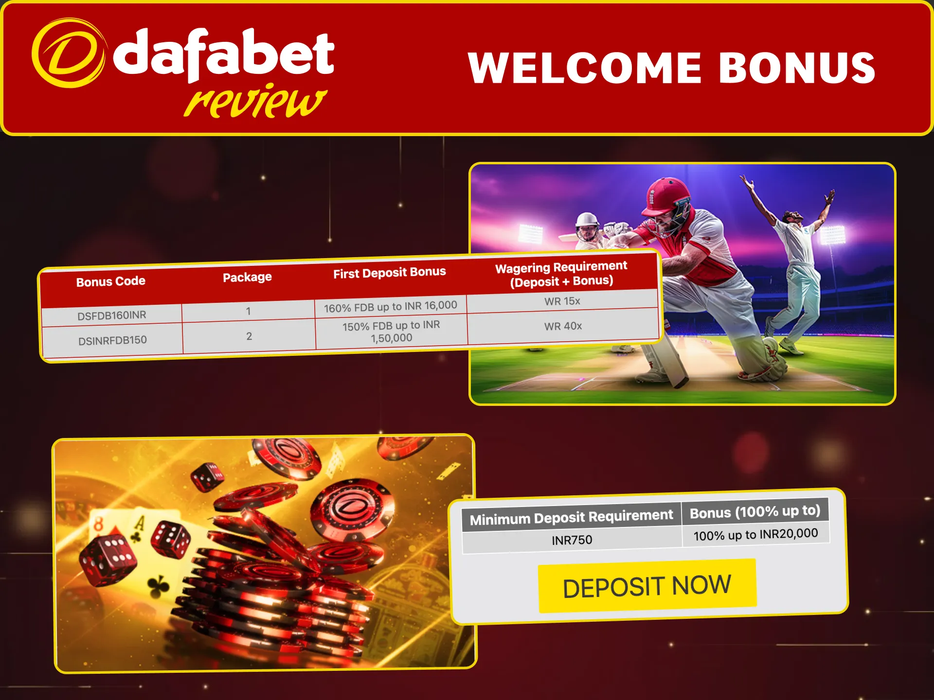 Claim your Dafabet India welcome bonus after first deposit for sports or casino.